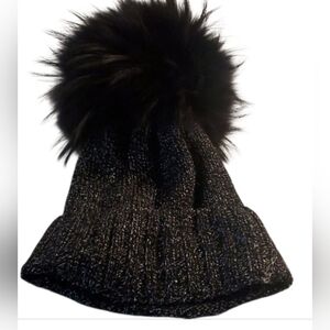 Women Winter hat with real fur Pom , black/ silver knitted, Made in Italy
